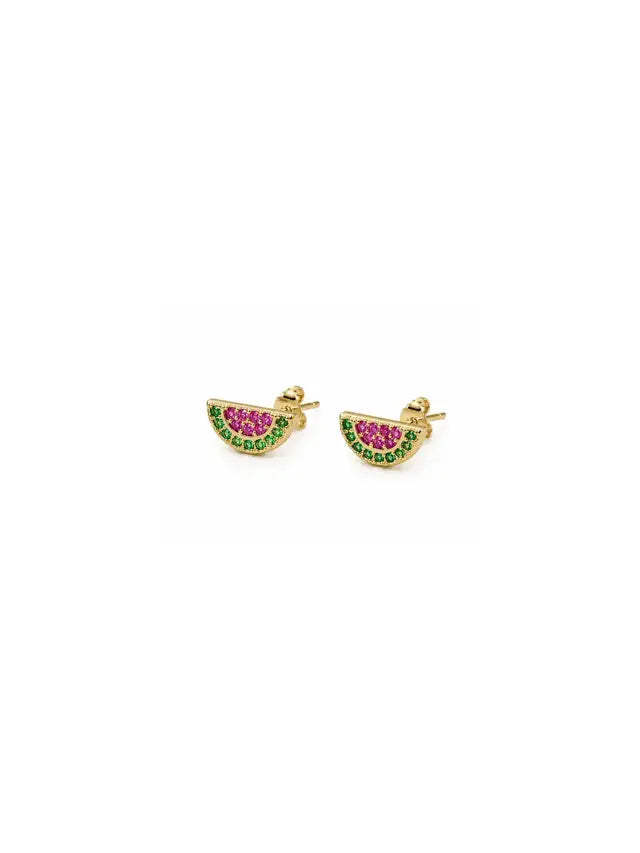 Brinco Mini Melancia Maya Cravejada Banho Ouro 18K