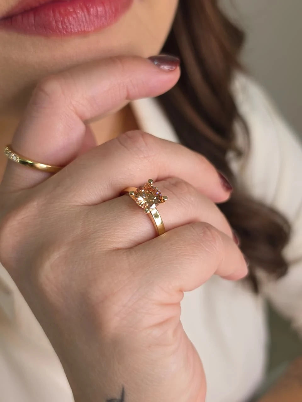 Anel Solitário Champagne Zircônia Banho Ouro 18k