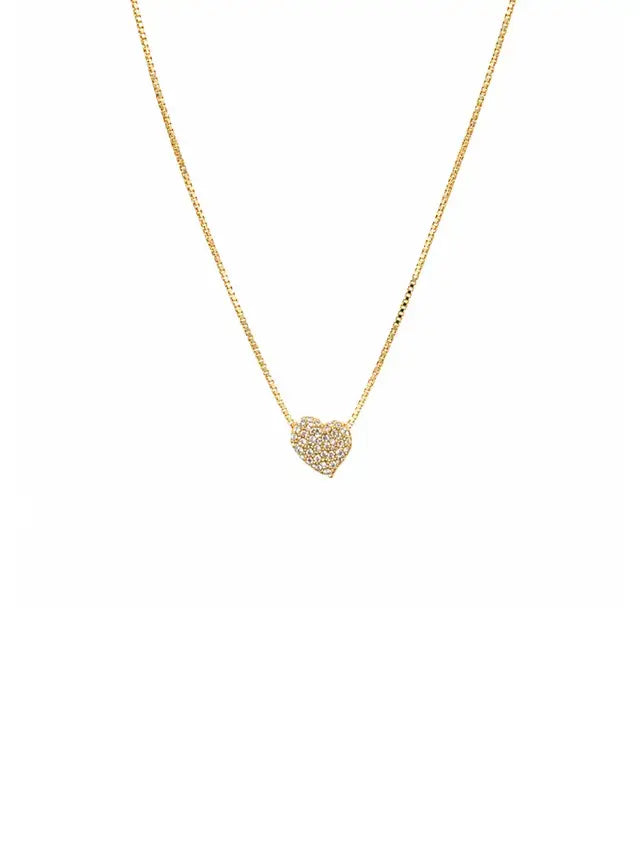 Colar Coração Cravejado Maria 45 cm Banho Ouro 18k